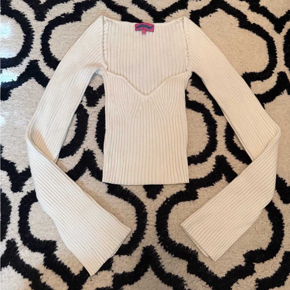 Cream Ribbed Long Sleeve Top